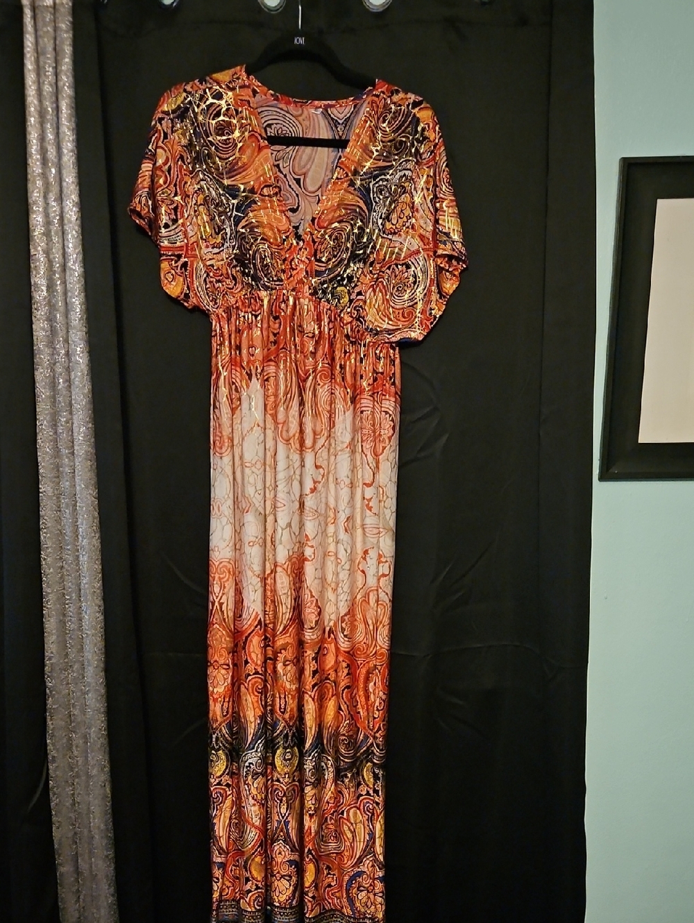 Shein Orange Multi-Pattern V-Neck Maxi Dress